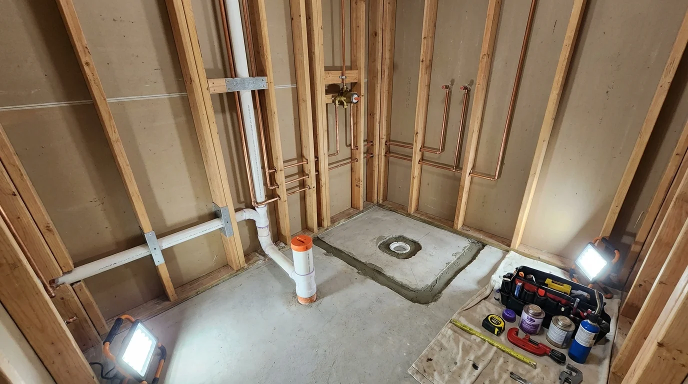 Bathroom rough-in plumbing during remodel by Johns Plumbing LLC in Atwood
