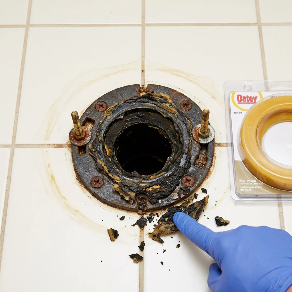 Failed wax ring showing water seepage at the base of a toilet in a Atwood, IL home