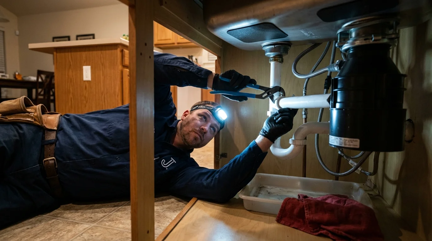 P-trap and supply line connections under a kitchen sink showing a common leak point in Atwood, IL